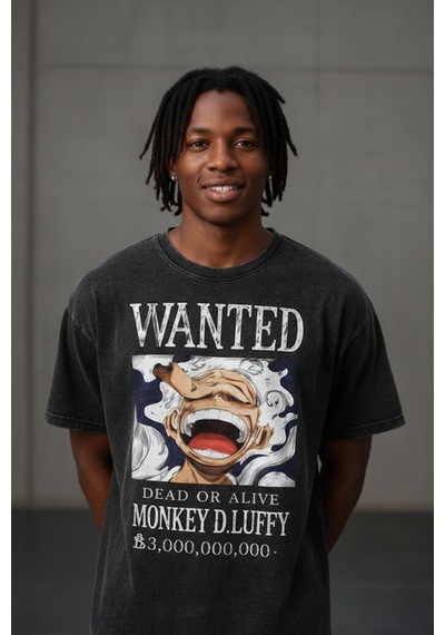 Technomonkey Anime One Piece Luffy Gear 5 Wanted Unisex Yıkamalı Retro Tişört Siyah