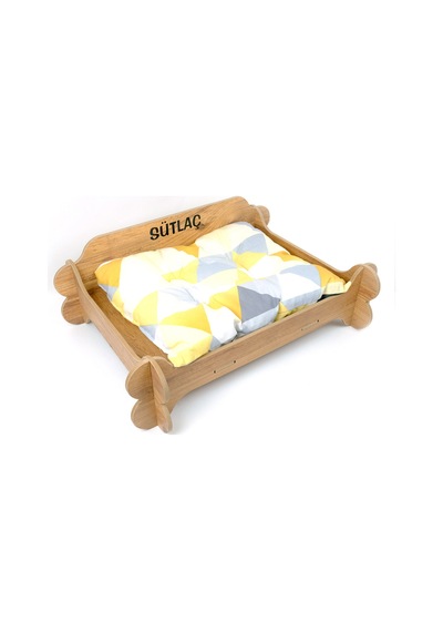 Ahşap Kedi & Köpek Yatağı - Minderli - Özel İsim Baskılı - Mdf - 61cm 47cm