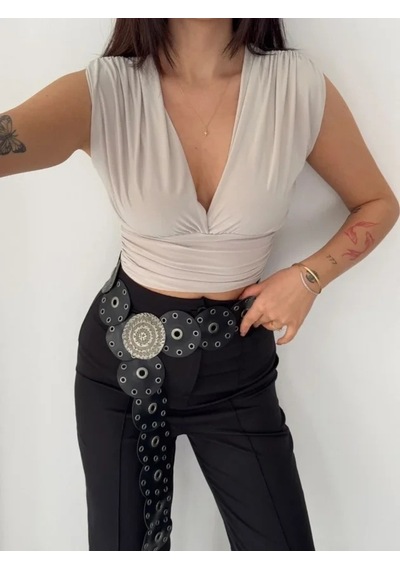 Defymoda Vatkalı Kolsuz V Yaka Drapeli Crop Bluz Likralı Fit - Boyalı Gri