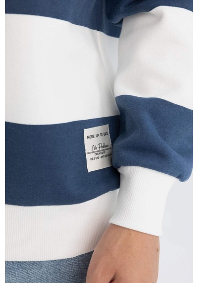 Defacto Boxy Fit Bisiklet Yaka Çizgili Sweatshirt A9066AX24AUBE88 Mavi