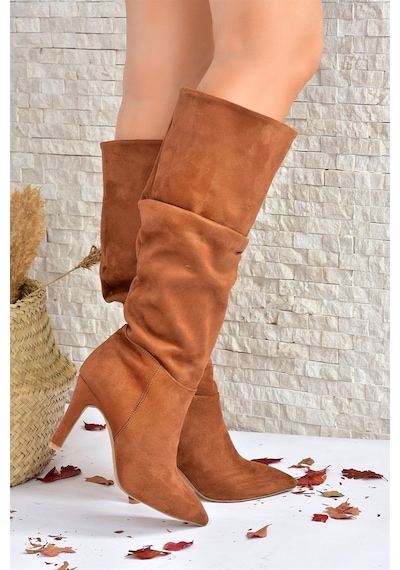 Fox Shoes Taba Süet Ince Topuklu Kadın Çizme L404868002