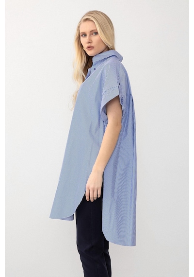 Olcay Yandan Yırtmaçlı Çizgili Poplin Tunik Mavi 9283