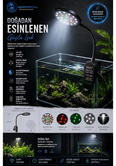 Sobo Usb Akvaryum Işığı - Balık Işığı - Bitki Işığı - 34 Led - Y-3w - Güçlü Aydınlatma - Üstün Performans - 23 Cm - Siyah