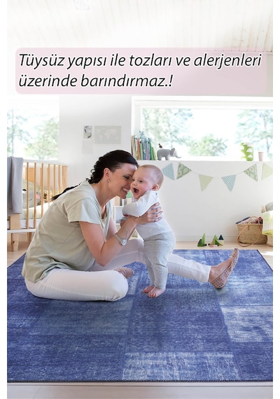 Jazz Patchwork Desenli Dokuma Taban Dekoratif Lacivert Halı Al 63 Bej