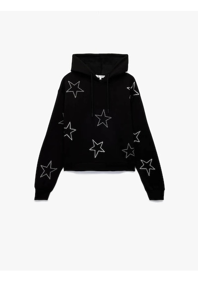 Koton Kapüşonlu Oversize Taşlı Siyah Kadın Sweatshirt 6wal10089ık SiYAH