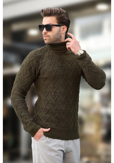Madmext Haki Balıkçı Yaka Desenli Erkek Kazak E7292 Haki