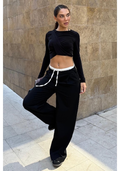 Madmext Siyah Çift Bel Bantlı Wide Leg Kadın Pantolon Mg2551 Siyah