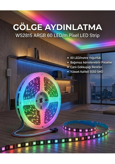 12 Volt 10 Mm 60 Ledli Ws2815 Pixel Adreslenebilir İç Mekan 5 Metre Siyah Zemin Şerit Led