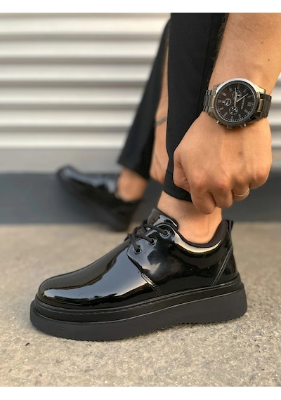 Mevese Ornex Erkek Deri Görünümlü Bağcıklı Casual Sneaker Klasik Günlük Ayakkabı - Siyah Rugan