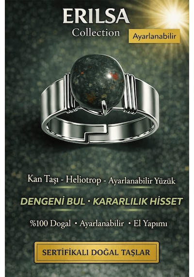 Sertifikalı Kan Taşı Heliotrop Yüzük Doğal Taş Ayarlanabilir El Y Çok Renkli