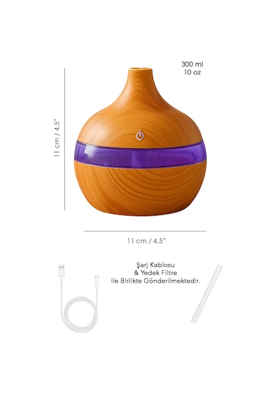 Damla Hava Nemlendirici - 300 Ml Işıklı Buhar Makinesi Humidifier Aroma Difüzörü Açık Kahve