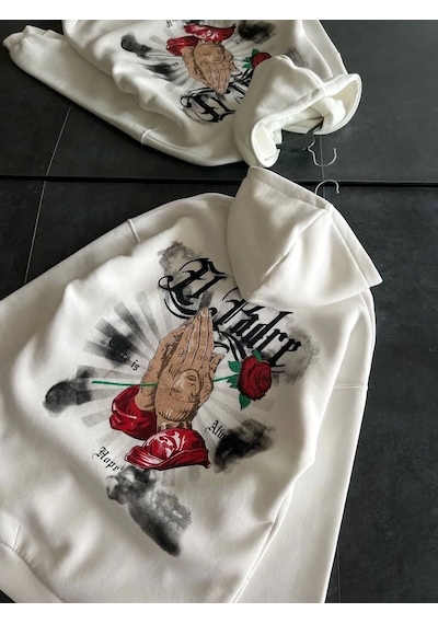 Üç İplik Penye Uzun Kol Kapşonlu Baskılı Sweatshirt - Beyaz Beyaz