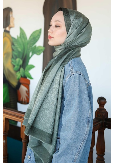 Premium Lux Original Monogram Şal İpek Vual, Yüksek Kalite, Hafif, Rahat, Şık, Tesettür, Shawl Haki