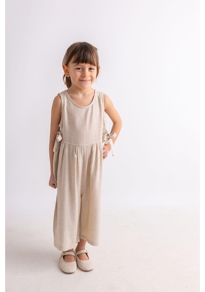 Oliven The Kid Oliventhekid Bej Naturel Keten Yazlık Kolsuz Arkası Düğmeli Çift Bağcıklı Kız Çocuk Tulum Bej Bej