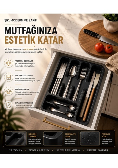 6 Bölmeli Çekmece İçi Kaşıklık, Plastik Çatal Bıçak Organizeri, Mutfak Düzenleyici Gri S-11003