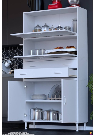 Nexa 100 Cm 2 Çekmece 4 Kapak Çok Amaçlı Mutfak, Bakliyat Ve Kahve Köşesi Banyo Dolabı 100x181x32 Cm Beyaz