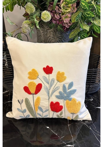 Diyar Lüx Nakışlı Keten Kırlent Kılıfı 45x45 Cm Çok Renkli