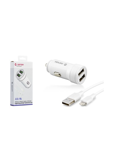 Genax Gnx016 Lıghtnıng 2usb Araç Şarj Adaptörü Set 3.2a 15w Beyaz