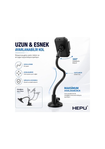 Hp-a06 Uzun Cam Mesafeli Araçlar İçin Esnek Kollu Vakumlu Telefon Tutucu 360 Dönebilen Başlık Diğer