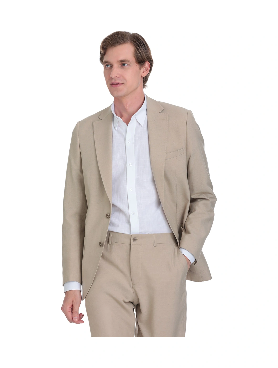 Hatemoğlu Vizon Slim Fit Mono Yaka Keten Takım Elbise Vizon