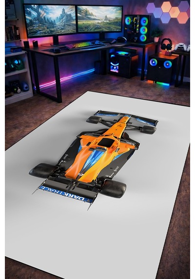 Formula 1 Turuncu Yarış Arabası Halı Kaymaz Taban Yıkanabilir Genç Odası Halısı F1.2