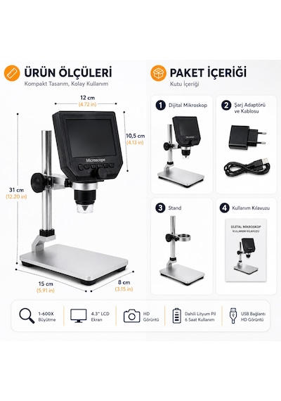 600x Dijital 4.3 İnç Lcd Ekranlı Hd Usb Mikroskop Elektronik, Takı Ve Eğitim İçin