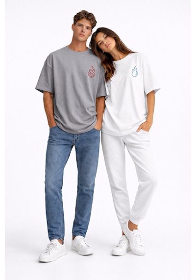 Sevgili Kombini Ateş Su Minimal Çift Tişört Oversize Unisex Partn Antrasit