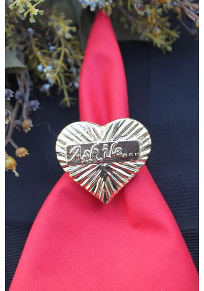 6 Adet Gold Aşk ile... Yazılı Kalp Metal Peçete Halkası - Napkin