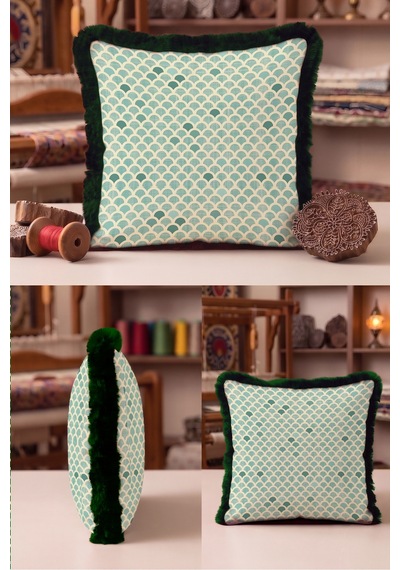 Art Deco Deniz Kabuğu Motifli Saçaklı Yastık Kılıfı - Geometrik Mint Krem Püsküllü Kırlent Kılıfı Bordo