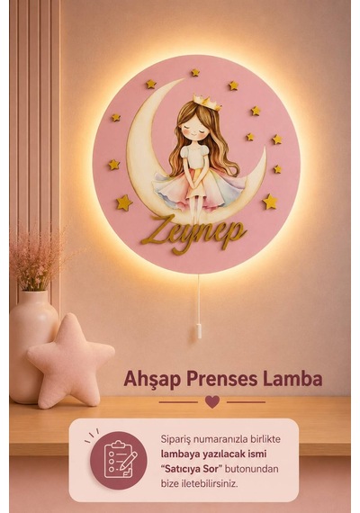 Ahşap Aylı Prenses Lamba İsme Özel Pilli Ledli Gece Lambası Bebek Çocuk Odası Pembe