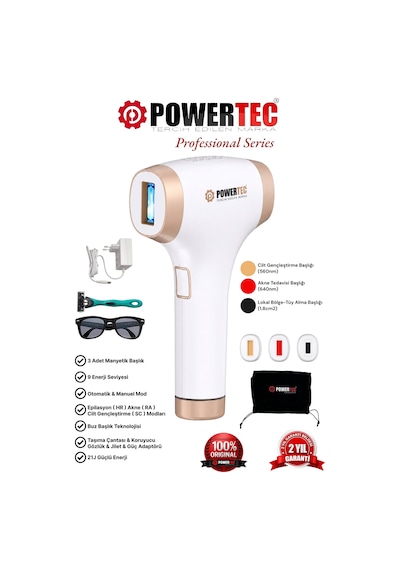 Powertec TR-9999 Ipl Lazer Epilasyon 999.999 Atım Otomatik/Manuel 9 Modlu Buz Başlıklı & Taşıma Çantası Beyaz