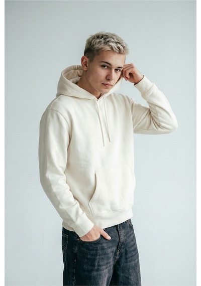 Hoxie Unisex Rahat Kesim Pamuklu Yumuşak Dokulu İçi Polarlı Basic Desenli Kapüşonlu Sweatshirt Ekru