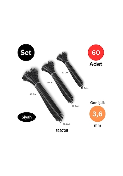 200-250-300 Mm X 3,6 Mm Plastik Kablo Bağı Cırt Kelepçe Siyah 60 Adet