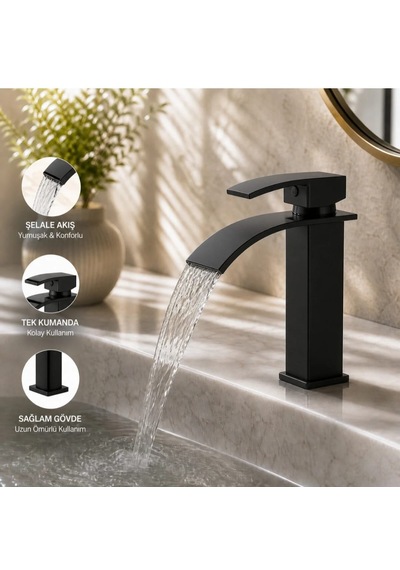 Eshome Mat Siyah Lavabo Bataryası Şelale Akışlı Modern Banyo Musluğu Tek Kollu Sabit Lavabo Çift Su Girişli