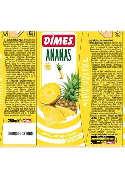 Dimes Ananas Aromalı İçecek İçecek 200 Ml X 27 Adet