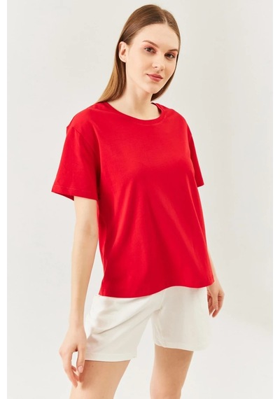 Kadın Rahat %100 Pamuklu Penye Bisiklet Yaka Kısa Kol Basic T-shirt Kirmizi