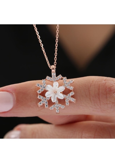 Işıltılı Kar Kristali Manolya Çiçeği Rose Renk Flowers Gümüş Kolye
