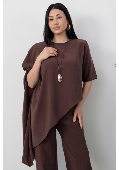 Kalopya Simetrik Crop Pantolon İkili Takım Grs3933 Kahve