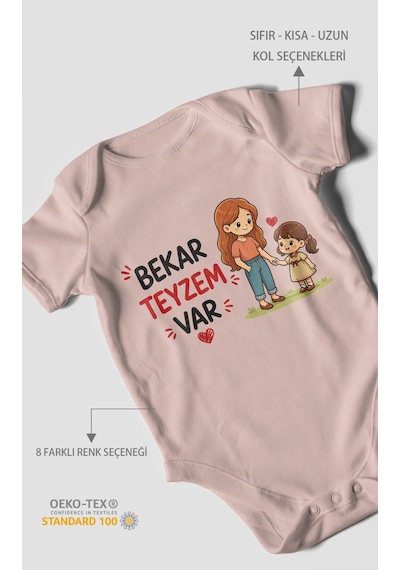 Morivokids Bekar Teyzem Var Kısa Kollu Bebek Body %100 Pamuk Pastel Pembe