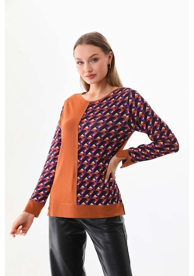 Sistas Kadın Desenli Bisiklet Yaka Uzun Kol Bluz 23592 Camel