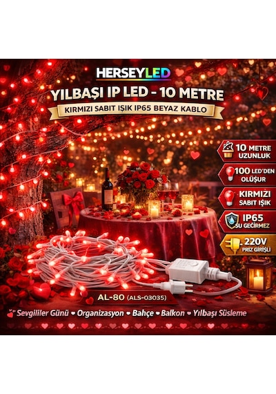 Yılbaşı Led Işık İp Led 10 Mt Kırmızı Sabit Ip65 Beyaz Kablo Al-80 Kırmızı