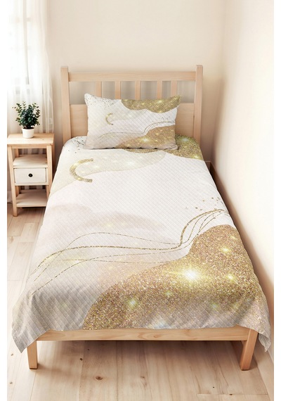 Modern Gold Genç Odası Tek Kişilik Pike Takımı - Soyut Simli Krem 160x220 Cm Kapitone Yatak Örtüsü Narin Kahve Kıyımı
