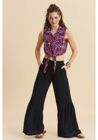 Beli Bağcıklı Volanlı Cepli Bol Paça Pantolon Siyah