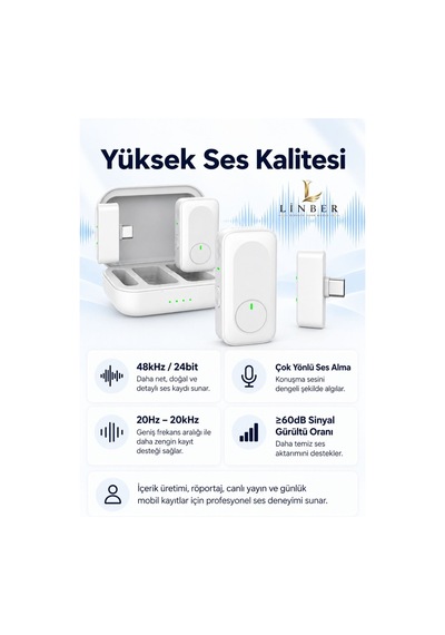 Type-c Girişli Beyaz Kablosuz Yaka Mikrofonu Şarj Kutulu 2 Verici 1 Alıcı 48khz 24bit Gürültü Engellemeli Beyaz Beyaz