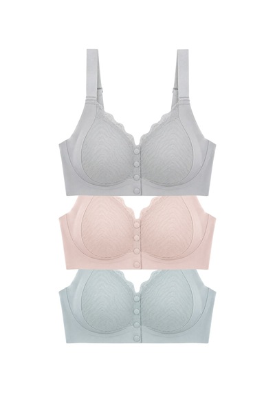 Cottonill Seamless Bra - Larevia Lazer Kesim Önden Düğmeli Tül Detaylı Kadın Sütyen 3'lü Paket Çok Renkli