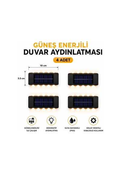 4 Adet Gunes Enerjili 10 Led Duvar Aplik Bahce Balkon Dis Mekan Solar Aydinlatma Seti Diğer