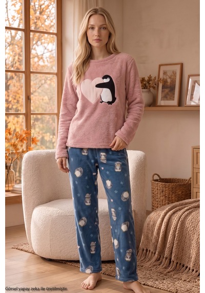 Siyah İnci Pudra Nakışlı Üst Wellsoft Alt Polar Kışlık Örme Pijama Takım 26221728