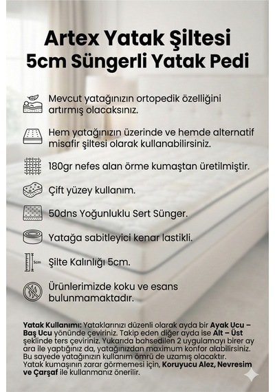 Cotton 5cm Sünger Şilte 160x200 Ped Yatak Şiltesi Pedi Topper Katlanabilir Katlanır