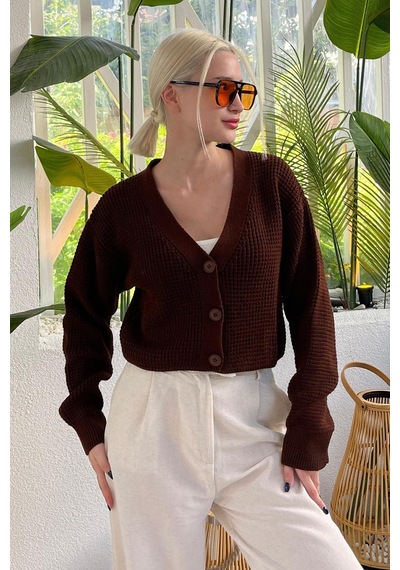 Madmext Kahverengi Uzun Kollu Düğmeli Crop Hırka Mg2198 Kahverengi