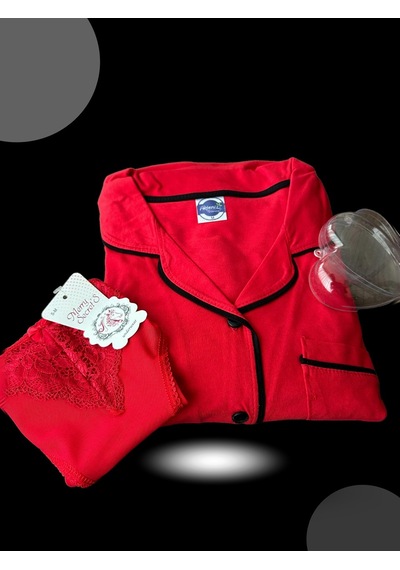 Akbeniz Kadın Pijama Takımı  + Yılbaşı Özel Kalp Kutulu Slip 2'li Set 20244-kırmızı Kırmızı